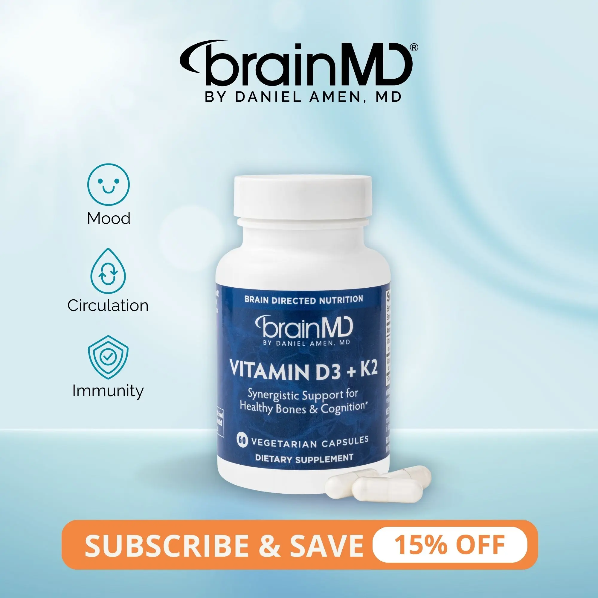 Vitamin D3 + K2 | BrainMD | 60 Capsules | Bone & Cardiovascular Health Support | Immune, Mood & Cognitive Support | Vitamin D3 with Vitamin K2 (MK-7)