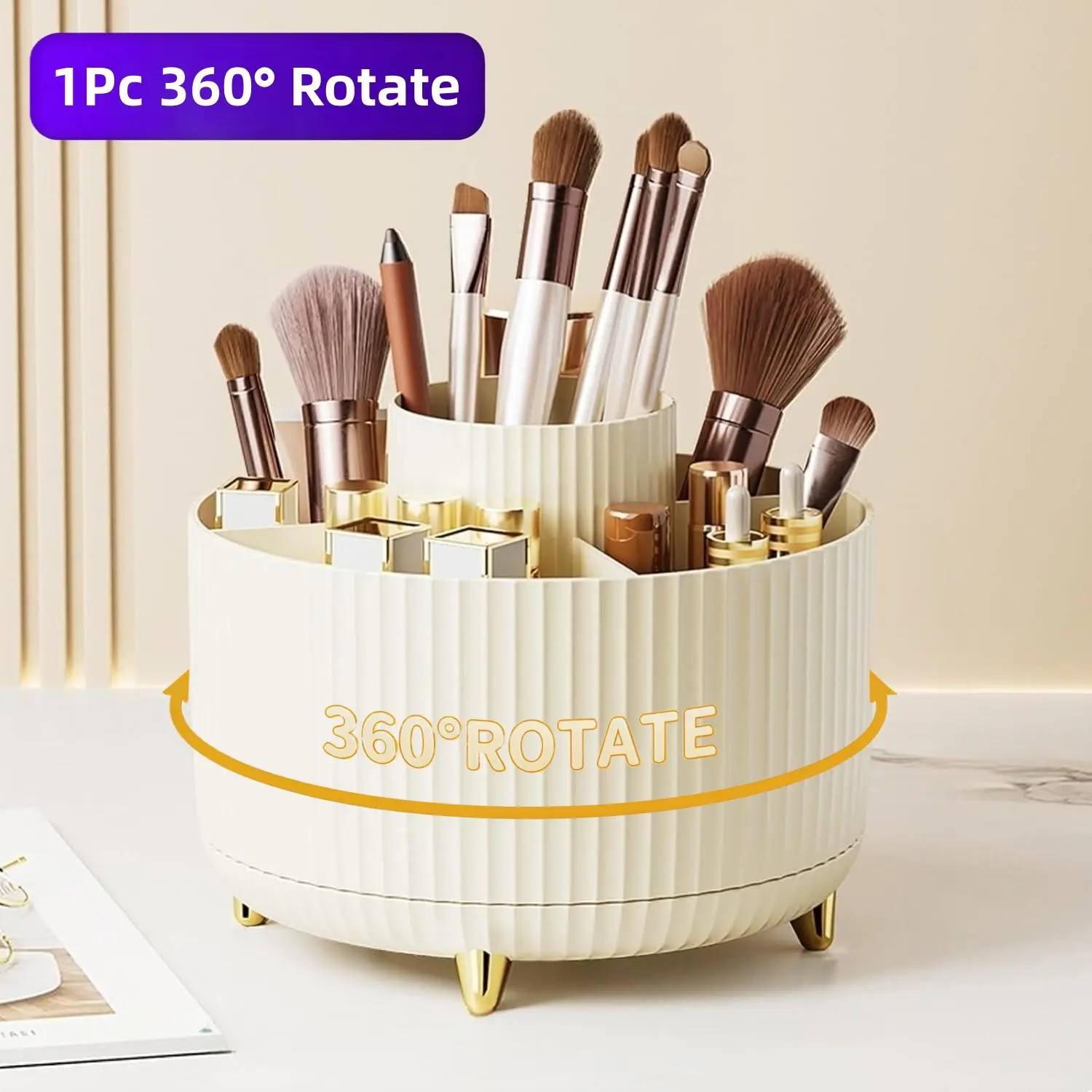 360° Rotate Makeup Brush Holder Organizer, Makeup Organizers Countertop, Makeup organization and Skincare Storage for Vanity, Desktop, Bathroom, Beauty Organizer, Beauty Supplies Organizer, Cosmetics Organizer Storage(creamy white)