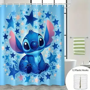 DISNEY CLASSIC Stitch Cartoon Print Shower Curtain, Includes 12 Hooks, Perfect Housewarming Gift, Funny Shower Curtain, Festive Home Accessory, Cartoon Character Decor, Easyinstall Hooks