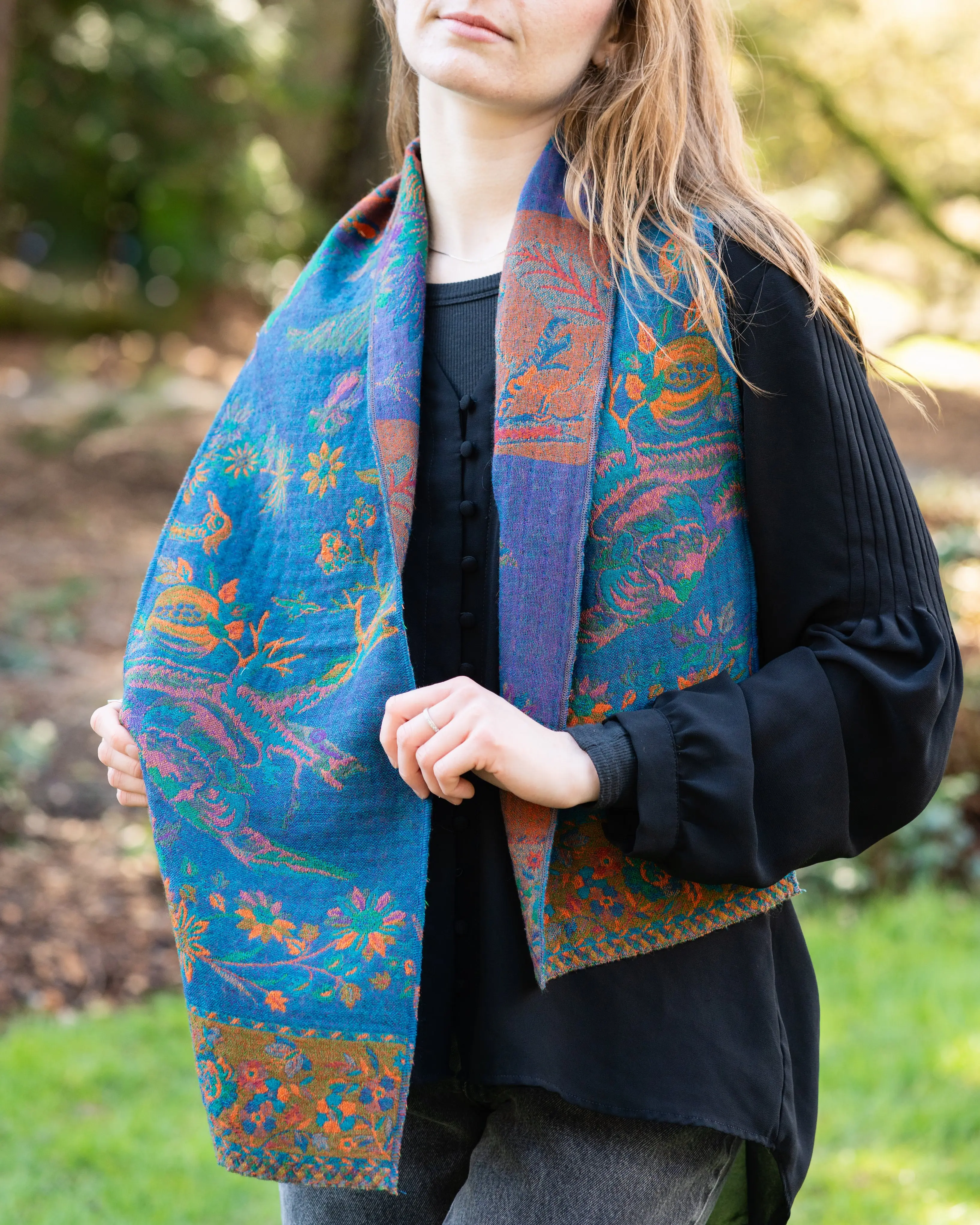 Reversible Boiled Merino Scarf, Turquoise Bird Design, Scarf Style, 60 x 9 Inches Fashion Accessory, Bird Motif, Casual Use, All Natural Scarves