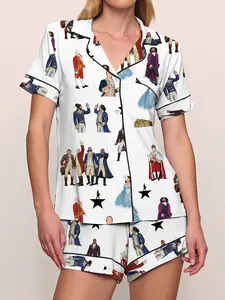 Women's Short Sleeve Sleepwear Pjs 2 Piece Set, Soft Comfortable Casual Fitted Home Wear, Elastic Waistband Design, Hamilton Music Print, All Seasons
