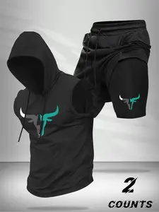 Men's Fashion 2-Piece Set, Cow Print Hooded Sleeveless Vest Top & Drawstring Waist Basketball Shorts, Summer Casual Wear, Sportswear Set