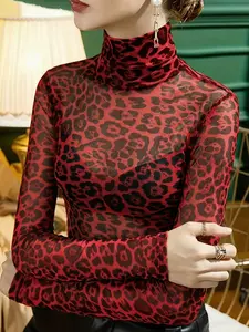 Leopard Print Transparent Mesh High Neck Long Sleeve Slim Fit Women's Top, Fashionable Versatile Casual Women's Shirt, Womenswear, Casual Classy Top