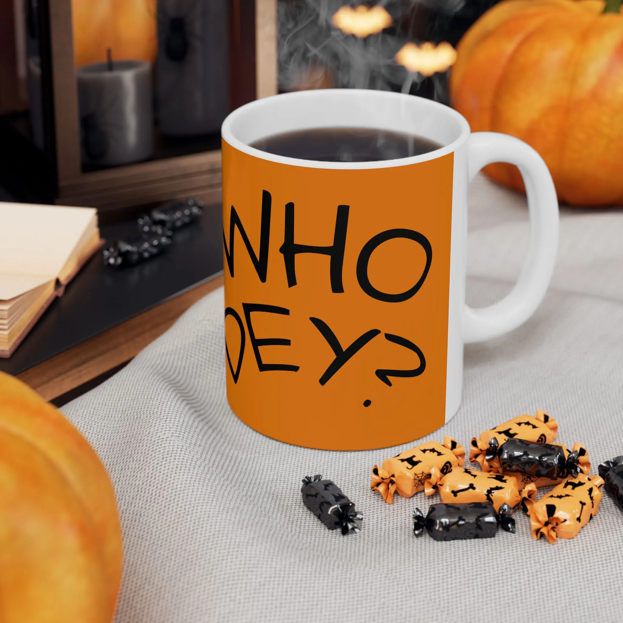Who Dey? Orange Football Fan Ceramic Mug - Ceramic Body, Classic Shape, Cylindrical Form, Handle Grip, 11oz/15oz Capacity, for Daily Use