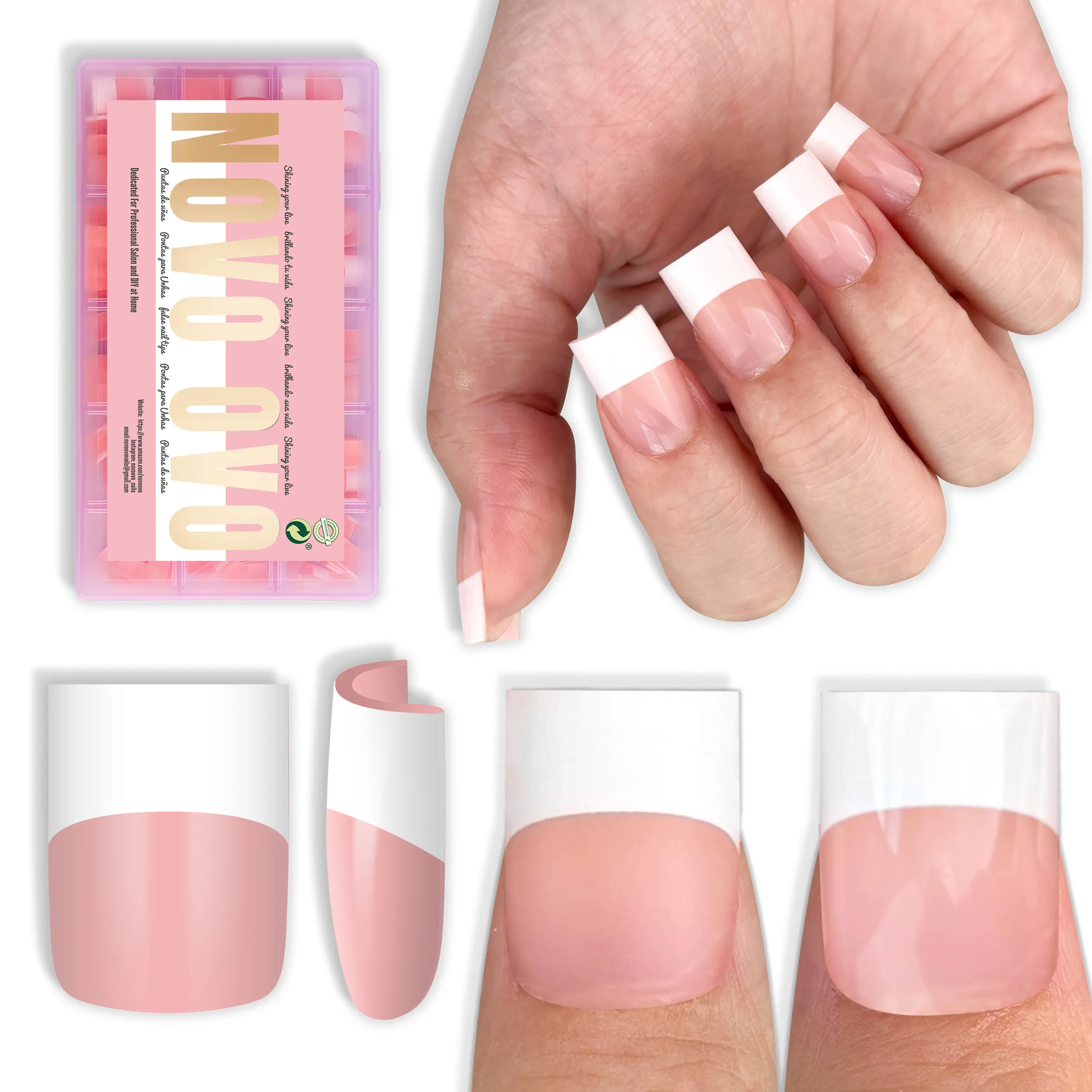 Short Sharp Square Wide White French Tip Baby Pink