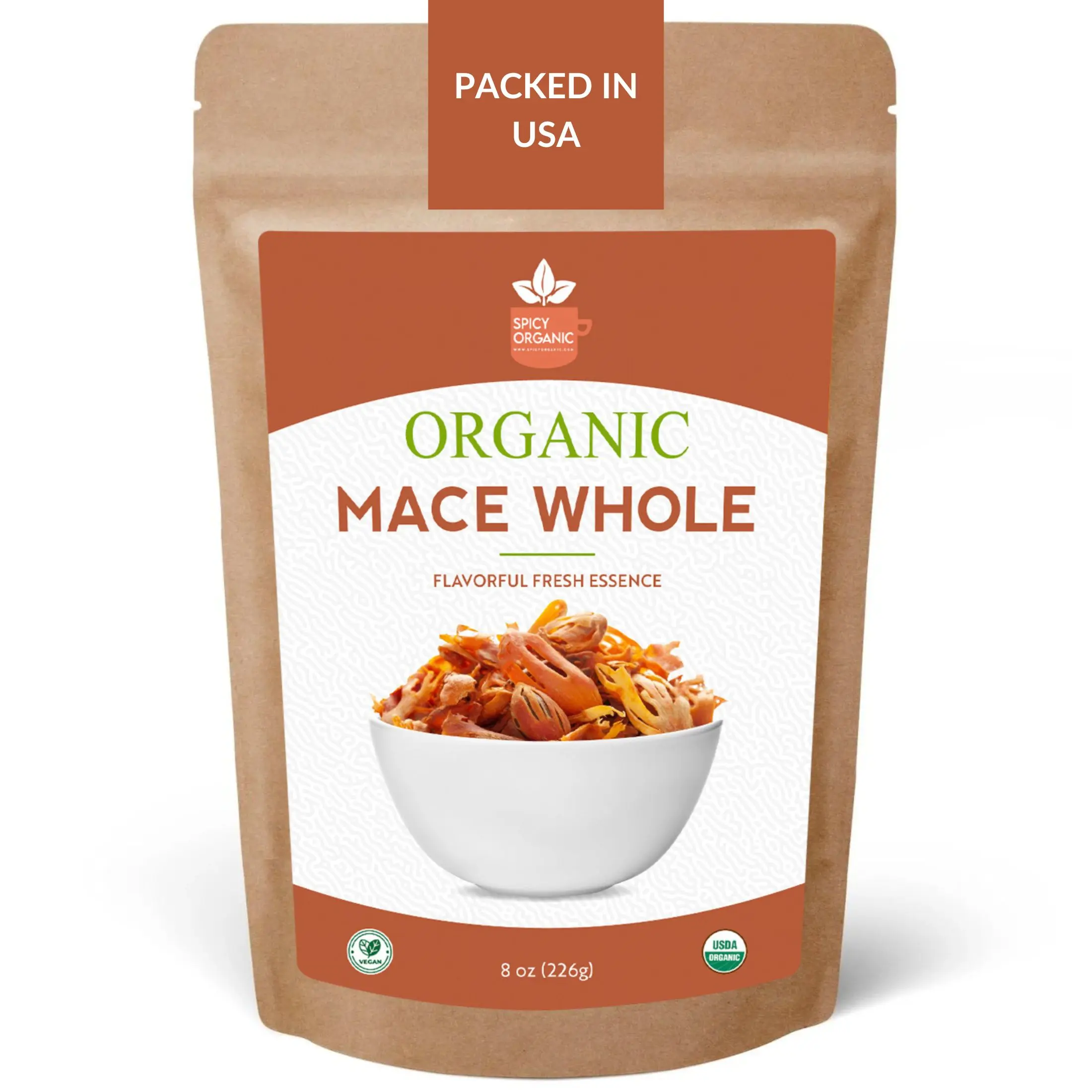 SPICY ORGANIC Mace Whole (Javantri) – 8 oz (227 g), USDA Certified Organic Mace Spice, 100% Raw, Non-GMO, Vegan, Gluten-Free – Enhance Dishes with Rich, Aromatic Flavor | Myristica Fragrans | Resealable Pouch.
