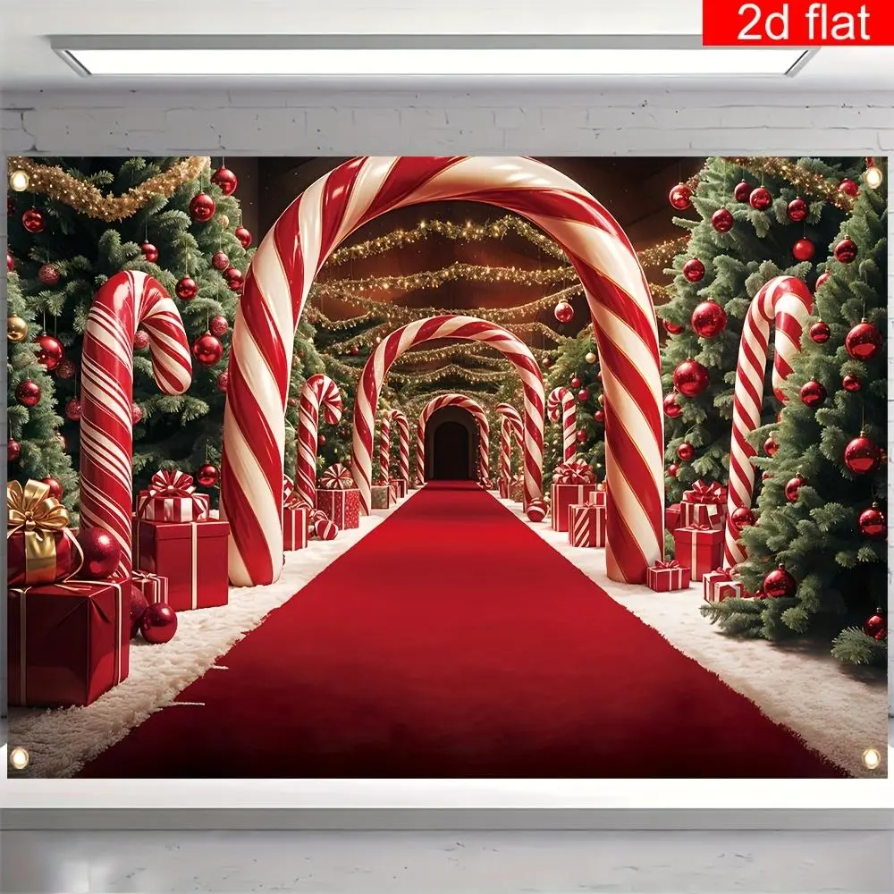 1pc Polyester 2D Flat Backdrop Banner - Red & White Striped Arch with Red Carpet Design, Bright Print, Durable Party Decoration Supplies, Backdrop Picture for Birthday, Christmas Eve Wall Decor (Christmas Tree Compatible), Wall Decoration, Striped Print