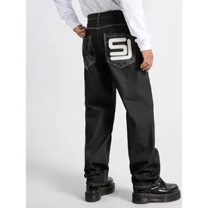 GGOR Men's original color jeans street trend retro embroidery HIPHOP street dance daily casual jeans loose skateboard jeans, suitable for all seasons