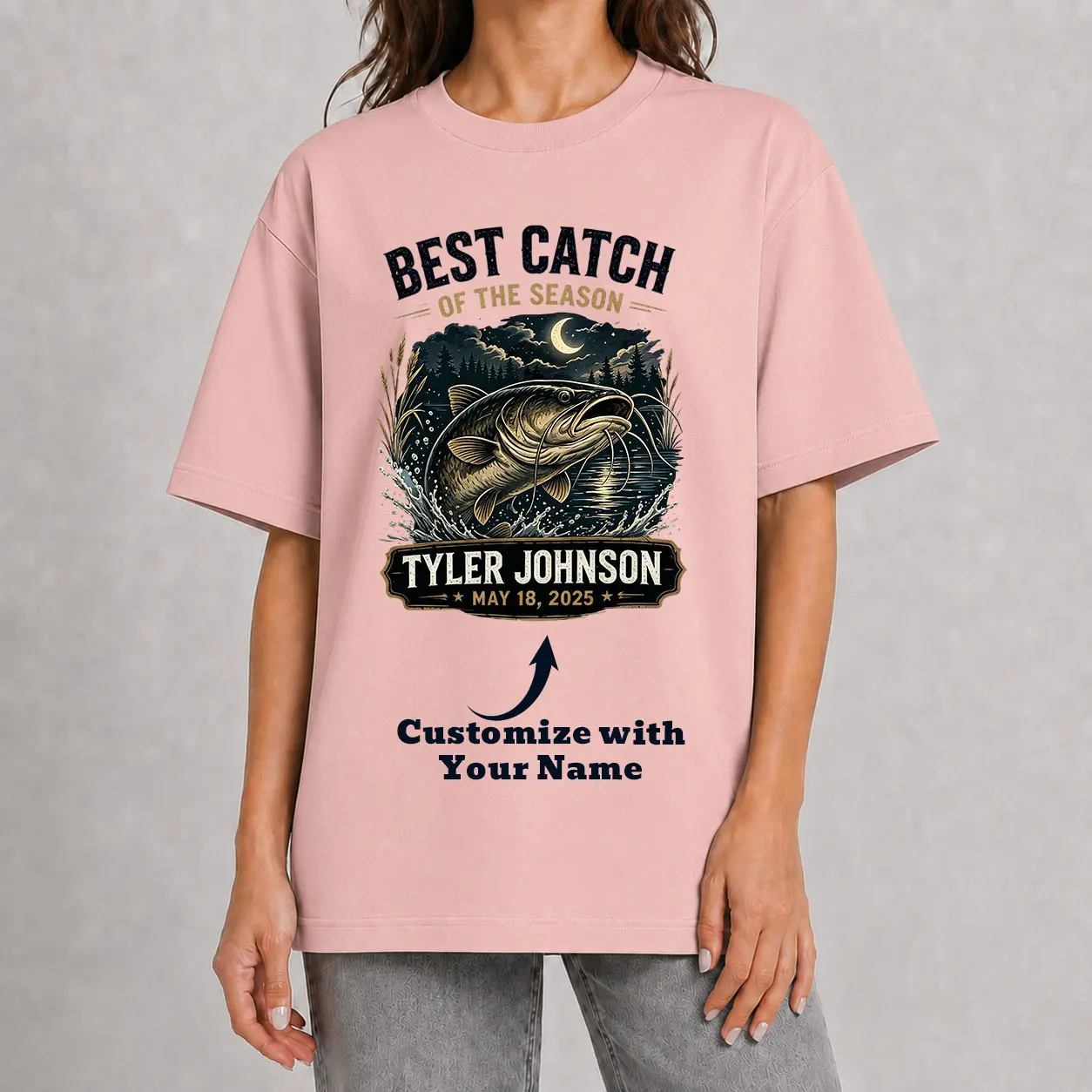 XTAUTO Men's Casual Short-Sleeve Round Neck Tops, 220G Cotton Unisex Custom Catfish Fishing Tee, Personalized Night Lakeside Graphic, Name & Catch Date, Freshwater Angler Keepsake Gift