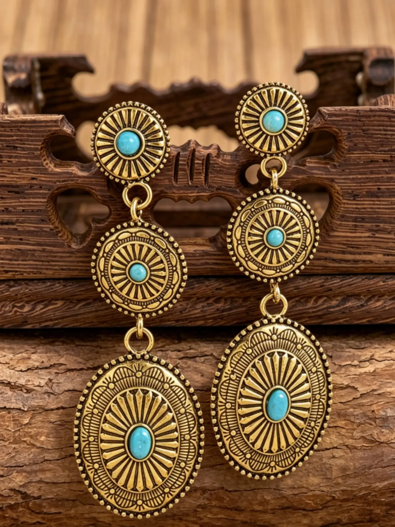 1 Pair Vintage Western Turquoise Earrings, Antique Gold Ethnic Dangle Earrings, Boho Statement Jewelry for Beach Vacations & Daily Wear Dangling Earrings