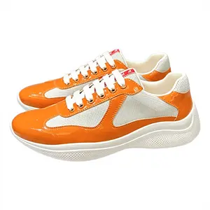 Men's Orange Patent Leather & Mesh Platform Sneakers - Lightweight, Breathable Low-Top Athletic Casual Footwear, Walking Shoes for Streetwear