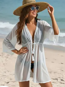 Edgy Coastal Beach Sheer Lace Trim Black Cover-Up Vintage Lazy Island Sheer Lace Tassel Beach Cover-Up Ins High-End Relaxed Vibe Black Lace Sheer Coastal Cover-Up Swim Cover Ups Swimwear Cover Up Swimsuit Cover Up