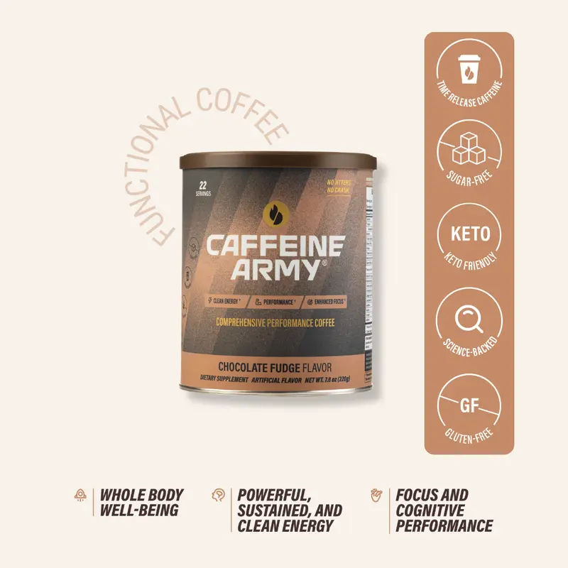 Caffeine Army Chocolate Fudge Flavor Functional Coffee with Time-Release Caffeine MCTs Collagen Adaptogens & Vitamins for Energy Focus Mood Beauty & Metabolic Support 22 Servings Sugar-Free Gluten-Free Keto-Friendly Beverage