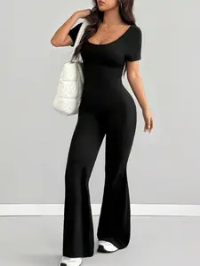 【Plus-Size】1 Piece Short Sleeve U-Neck Flared Jumpsuit, Casual Streetwear Style, Stretchy Slim-Fit Fabric & Flared Leg Detail, For Curvy Women, Perfect for Daily Outings, Brunch & Casual Layering, Women's Plus-Size Flared Jumpsuits | TikTok Viral Fashion