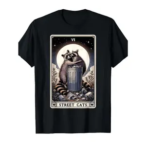 Men's animal-themed apparel with a playful twist on tarot imagery, combining raccoons and cats in a humorous and imaginative way Graphic T-Shirt - Short Sleeve Crew Neck Regular Fit Casual Wear | Soft & Breathable Fabric, Durable Print, Everyday Comfort,