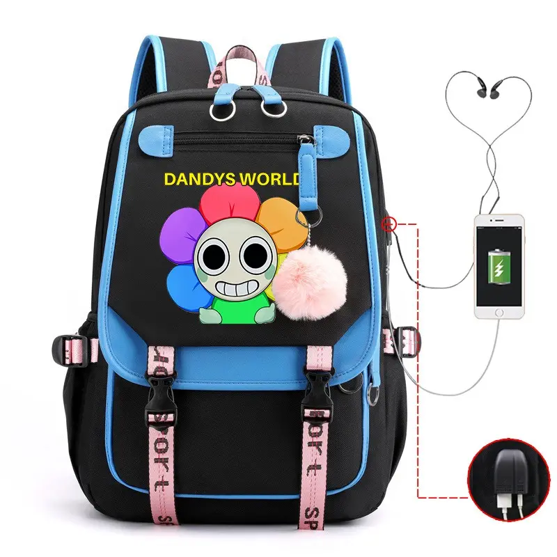 Women's Fashion Cartoon Flower Skull Print Backpack - Large-Capacity USB Charging Laptop Rucksack with Pom Pom Pendant for Teens