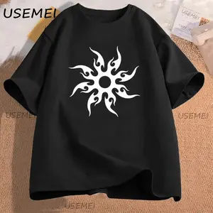Men's Short-Sleeve Round Neck Tribal Sun Graphic Tshirt - Casual Streetwear Top with Plant Print, Menswear Aesthetic Tee (Pairs with Jeans)