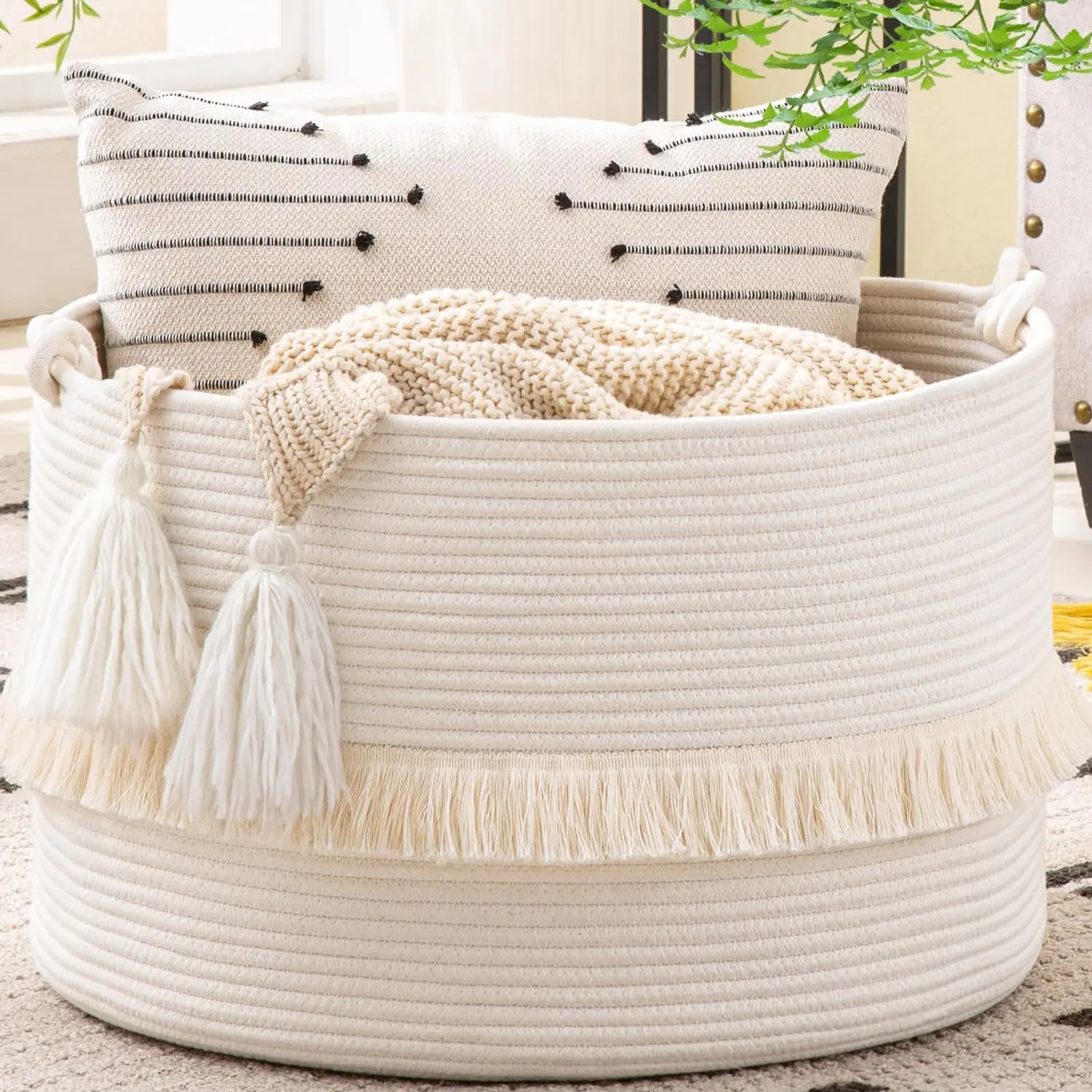 Large Blanket Basket (20"x13"),Woven Baskets for storage Baby Laundry Hamper, Cotton Rope Blanket Basket for Living Room, Laundry, Nursery, Pillows, Baby Toy chest (White)