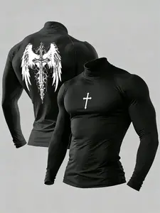 Viral Aesthetic Cross & Angel Wing Graphic Compression Turtleneck Long Sleeve Athletic Compression Shirts | Stretch Quick-Dry Gym Wear | Perfect for Home Workout/Street Style/Bodybuilding | Trendy Y2K Dark Academia Streetwear Top