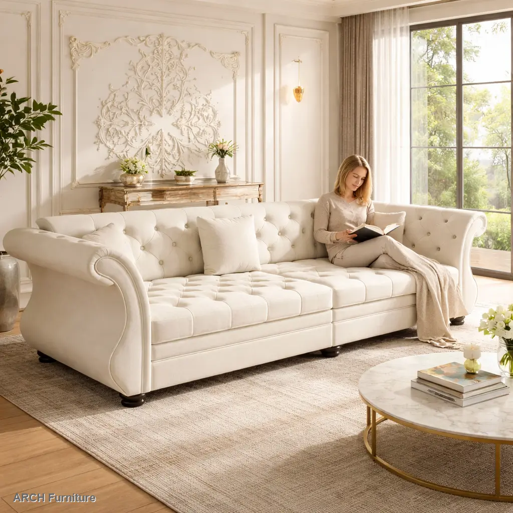 27.5" x 18" x 18" Oversized Chesterfield Convertible Sofa Couch - ARCH Pull-Out Full Sleeper Velvet Couch with Classic Roll Arms and Flower Tufting Upholstery, Modern Sofa for Decorating Living Room, Beige White Sofa With Chaise Upholstered Sofas