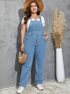 Plus Size Light Blue High Waist Denim Overall Pants, Y2K Millennial Casual Style, Adjustable Straps, Practical Front Pockets, Conceals Belly Fat