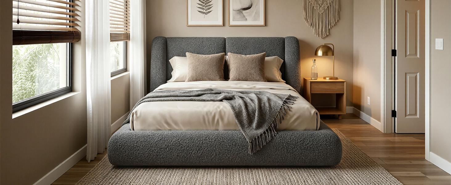 [15 Mins Assembly] Raybee Cloud Bed Frame with 5" Thick Ergonomic Wingback Headboard Soft Boucle Upholstered Low Profile Platform Bed, Bump-Resistant Rounded Corners, Anti-Slip Noise-Free, 880LBS Capacity for Bedroom, Dorms, Apartment, Beige, Black, Gray