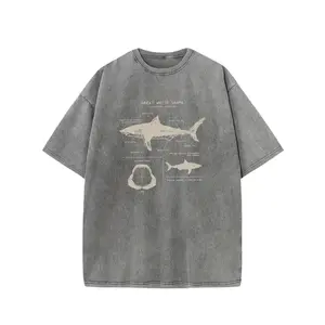 Men's Vintage Acid Washed Great White Shark Graphic Short-Sleeve Round Neck T-Shirt - Summer Streetwear, Casual Everyday Wear Top