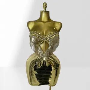 Shining Diamond Sexy Sheer Top with Golden Fringe Mirrored Skirt Set 2 Pieces Fashion Woman Birthday Party Vestido Stage Performance Outfit