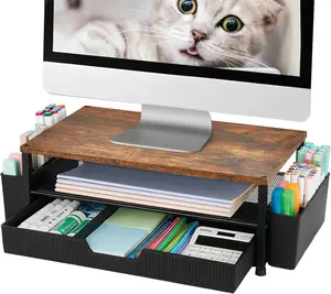 Desk Organizer and Accessories, 2-Tier Computer  Stand Rise with Storage Drawer & 2 Pen Holders, Laptop & Printer Stand for Desktop, Workspace Organizers for Office Supplies (Brown)