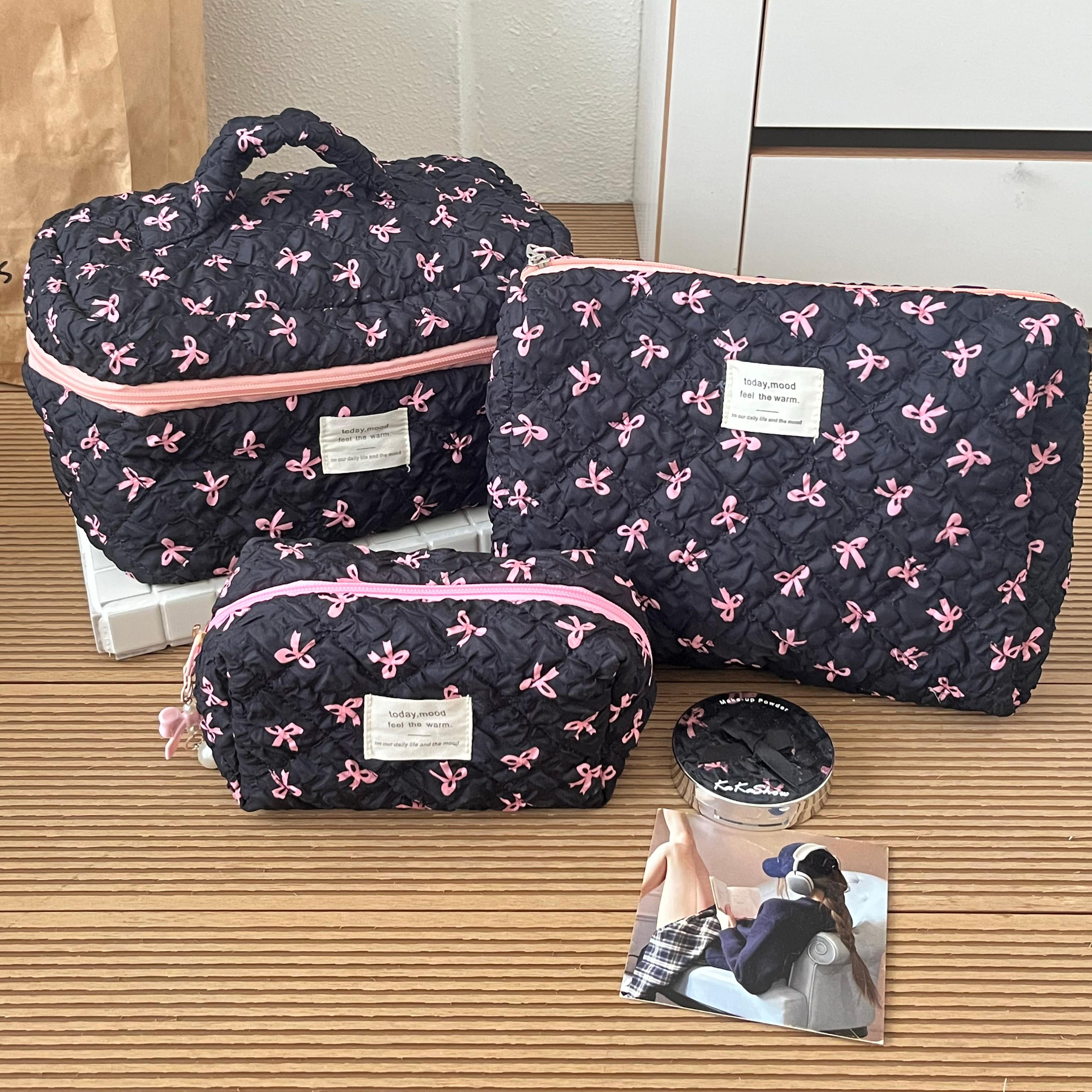 Bow Bubble Quilted Makeup Bag 3-Piece Set – Large Capacity Travel Toiletry Storage Bags, Girly Instagram Style