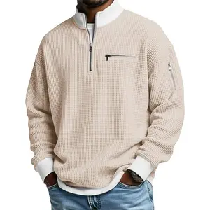 Men's WaffleT-Shirt Long Sleeve Half Zip Solid Color Traditional Vintage Casual Color Block Zipper Pocket Outdoor