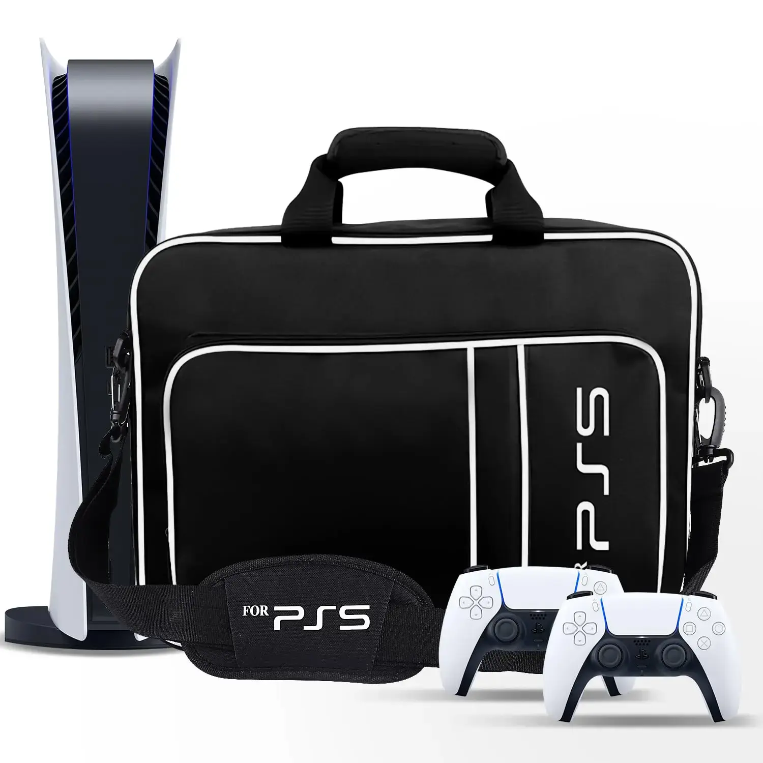 Rugged Nylon Carrying Case for PS5, Hard Protective Waterproof Travel Bag with Adjustable Strap for Disc/Digital Console, Controllers & Headset, Versatile Travel Accessories, Water Resistant Travel