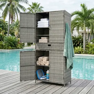 ARCH K&K 76.4" Tall Wicker Outdoor Storage Cabinet with One Large Drawer, 4-Door Outdoor Rattan Vertical Storage Shed with Adjustable Shelves, Pool Storage Organizer for Garden, Backyard, Grey