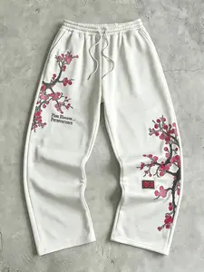 Perseverance Plum Blossom Embroidered Baggy Sweatpants Men Women | Chinese Style Y2K Streetwear Aesthetic | Soft Cotton Blend Oversized Loose Fit Joggers | Trendy Graphic Print Loungewear For Daily Casual Outdoor | Harajuku E-Girl E-Boy Street Style