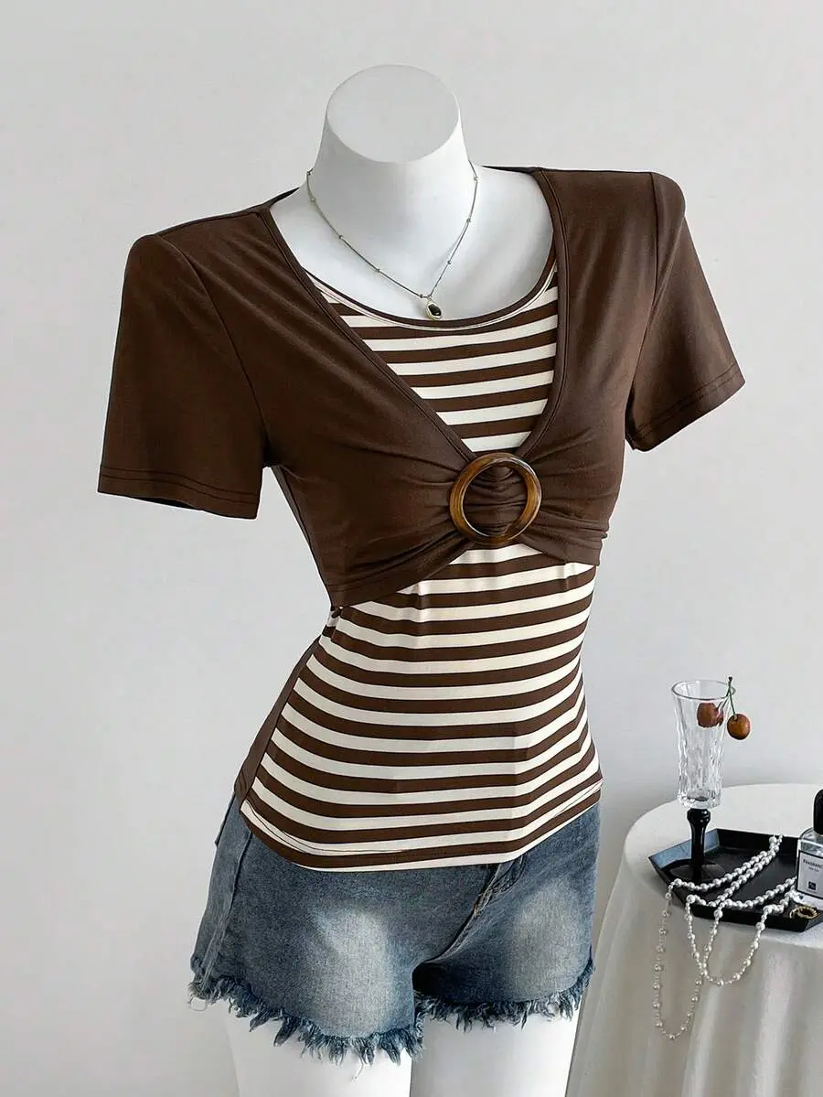 Spring/Summer/Autumn New Y2K Hot Girl Slimming Vintage Colorblock Striped Brown 2 In 1 Short Sleeve Shirt