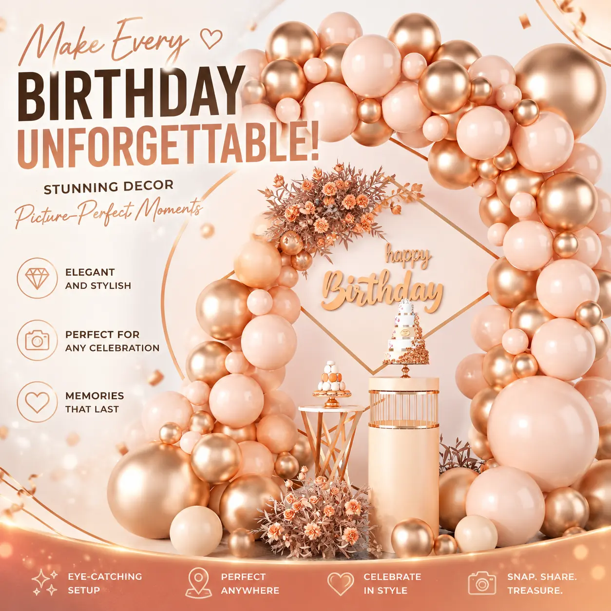 Rose Gold and Nude Balloon Arch Kit, Metallic Champagne Gold Balloon Garland Backdrop, Elegant Theme Party Decorations for Adult Birthdays, Anniversaries, Weddings & VIP Events