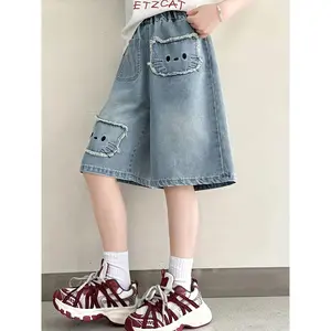 (New)Cute cartoon meow embroidery fashion girls campus summer casual loose outdoor sports cowboy pants female students trend outing riding straight jean shorts