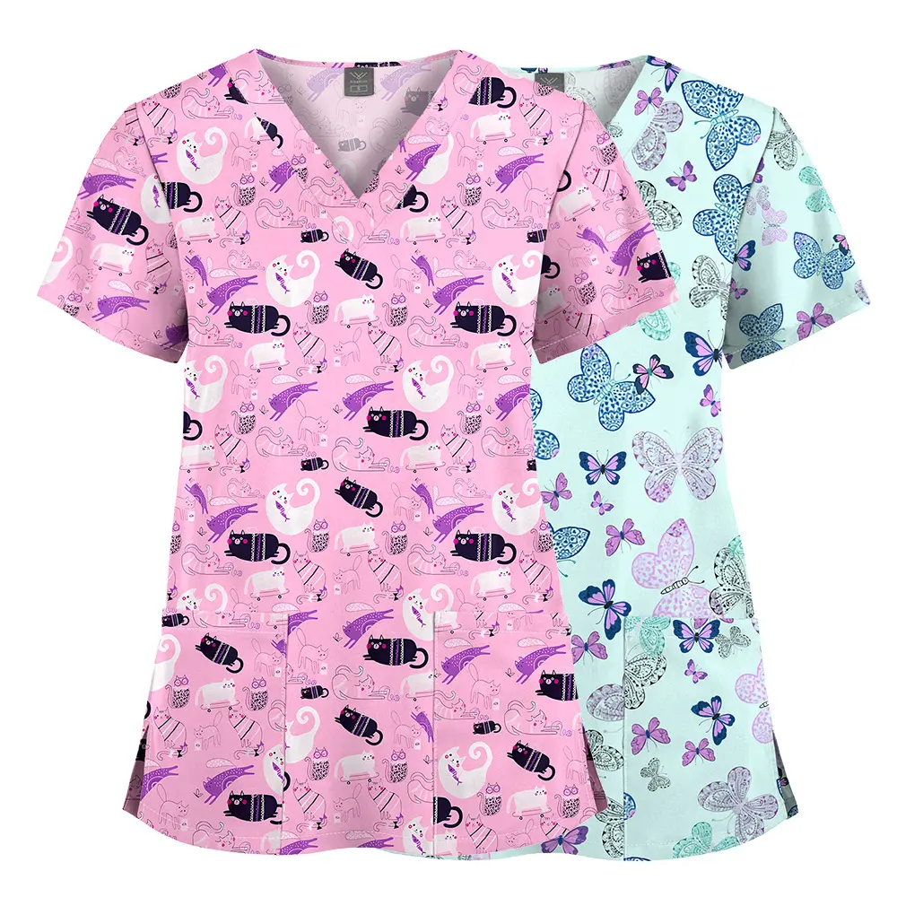 Women's Cartoon Animal Print Scrub Top, Stretchy V-Neck Short Sleeve Healthcare Worker Shirt for Medical Uniforms, Clothes