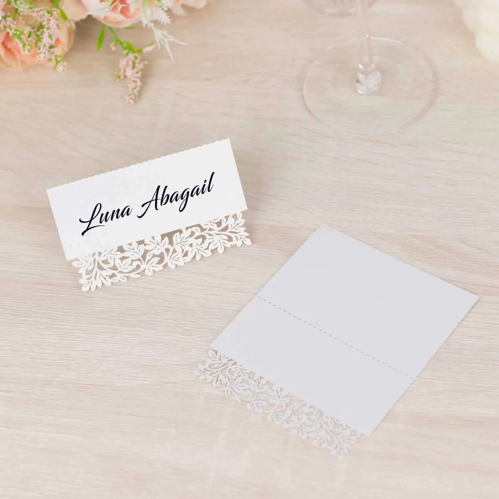 50-Pack Wedding Place Cards - White Laser Cut Leaf Vine 210 GSM Paper Tent Cards with Printable Slots for Reservation Seating, Anniversary, Birthday, Halloween Events