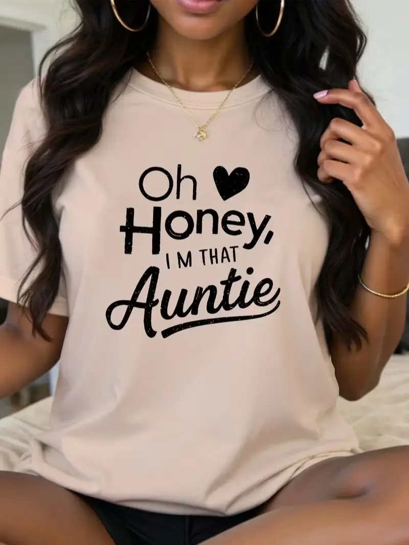 Women'S Casual "Oh Honey, I'm That Auntie" Graphic Tee - Green, Short Sleeve, Round Neck, Breathable, Summer & Spring Top Casual Wear|Playful Print|Comfortable Fit