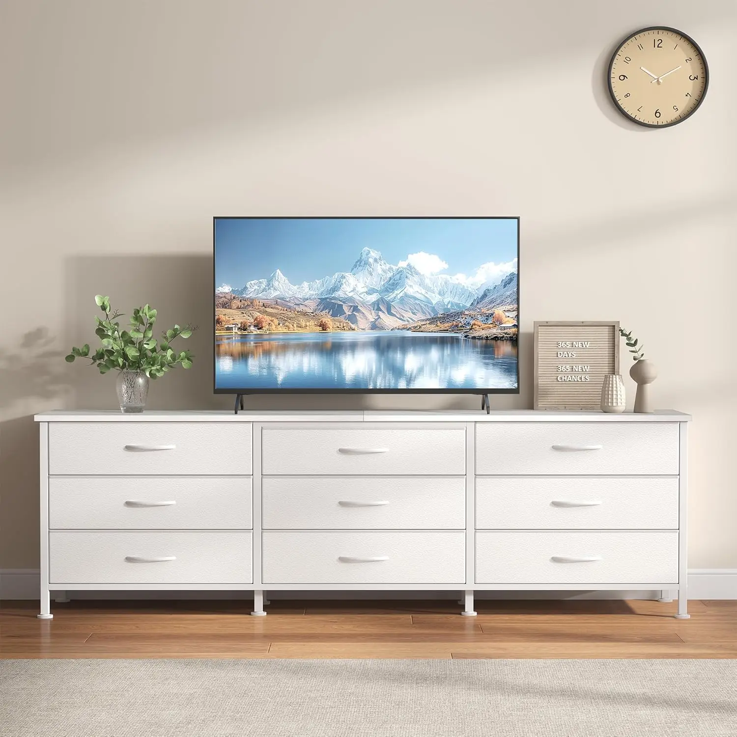 TV Stand for Living Room with 9 Fabric Drawers, Long Entertainment Center for Up to 75 Inch TV, Media Console Table with Storage, Adjustable Feet
