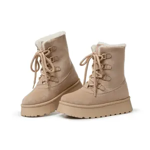 Winter fleece warm snow boots for women, lace up thick soled height increasing short boots, fashionable and versatile frosted leather cotton boots