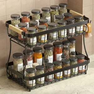 Double Layer Detachable Rust-Resistant Metal Spice Rack, Large Capacity Standing Organizer with Guard Rail, Ideal for Kitchen Cabinets, Living Room, Food Storage