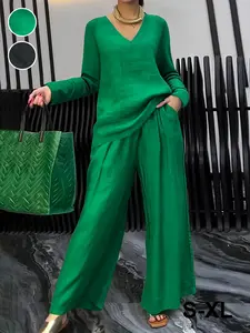Women's Elegant Solid Color Two-Piece Set Outfit, V-Neck Long Sleeve Top and Pants, Casual All Season Wear, Comfortable Fashion Fabric