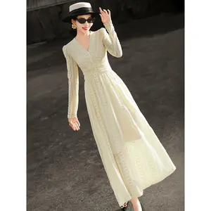Lanser 2025 autumn new style elegant socialite long sleeved V-neck waist cinched large swing hollow lace dress