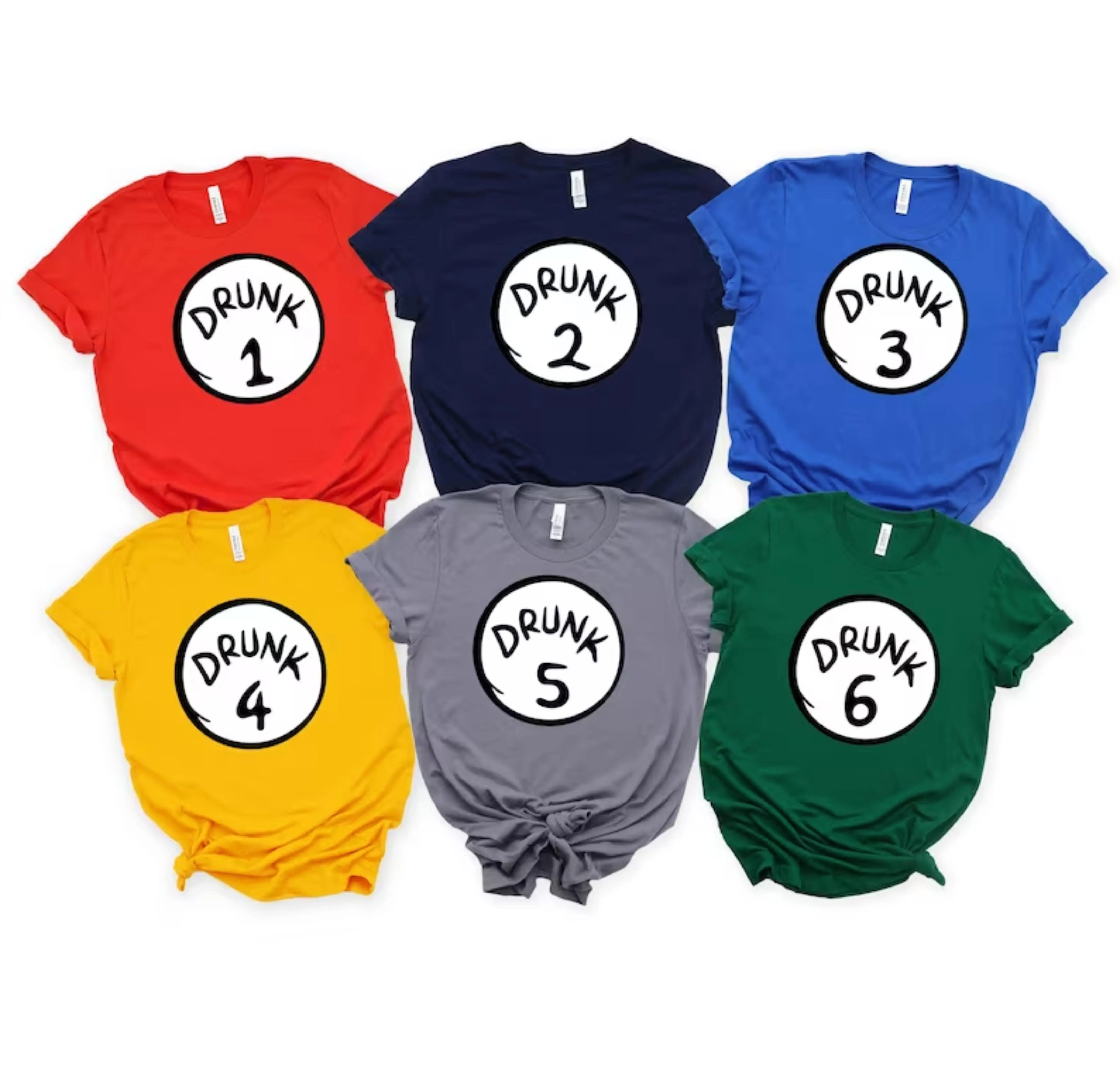 Drunk 1 Drunk 2 Tee - Vacation Spring Break Fun Weekend T-Shirt in Red Navy Blue Yellow Gray Green Sizes 1 2 3 4 5 6