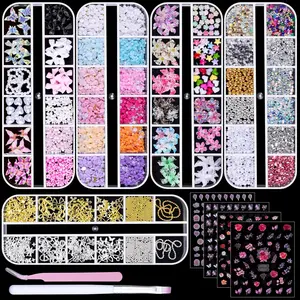5 Boxes Gold & Silver Metal Nail 3D Punk Studs Flower Petals Heart Bows Star Pearls Rhinestones Nail Charms Nail Art Jewels with Tweezers and Nail Brush and Wax Pen Picker (10-multishapes charms)