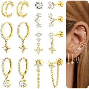 Flat  Cartilage Earrings for Women Trendy Dainty CZ Flatback Studs Earing Sets 14k  Plated  Huggie Hoops Earring Stacks for Multiple