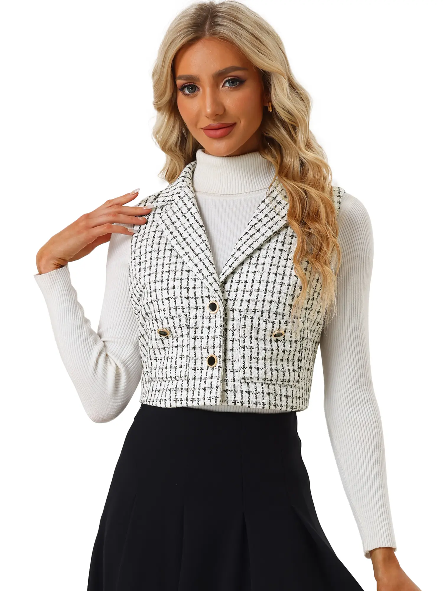INSPIRE CHIC Women's Vintage Sleeveless Tweed Waistcoat Button Plaid Cropped Vest Jacket