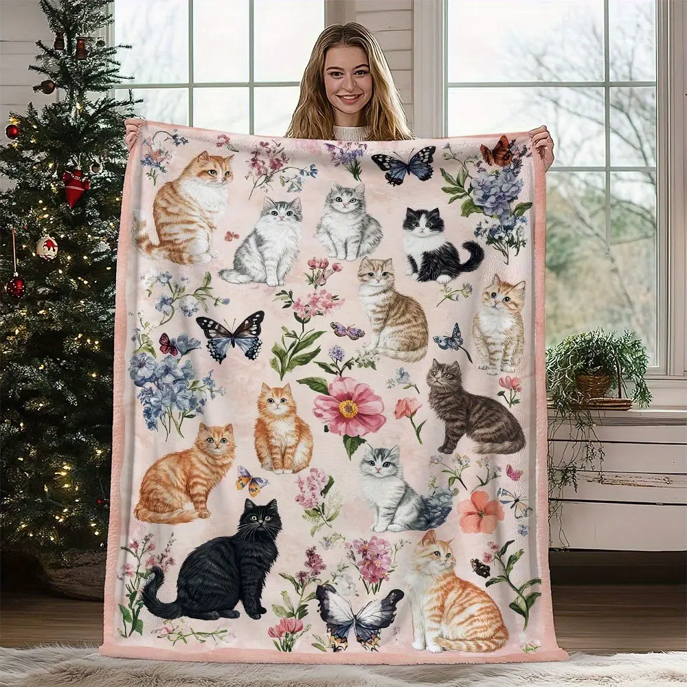 Flannel Fleece Throw Blanket - Cozy, Soft, Lightweight, Adorable Cat & Floral Pattern, Ideal for Couch, Bed, Year-Round Warmth, Great Gift Option, Flannel Fleece Blanket, Lightweight Flannel Blanket